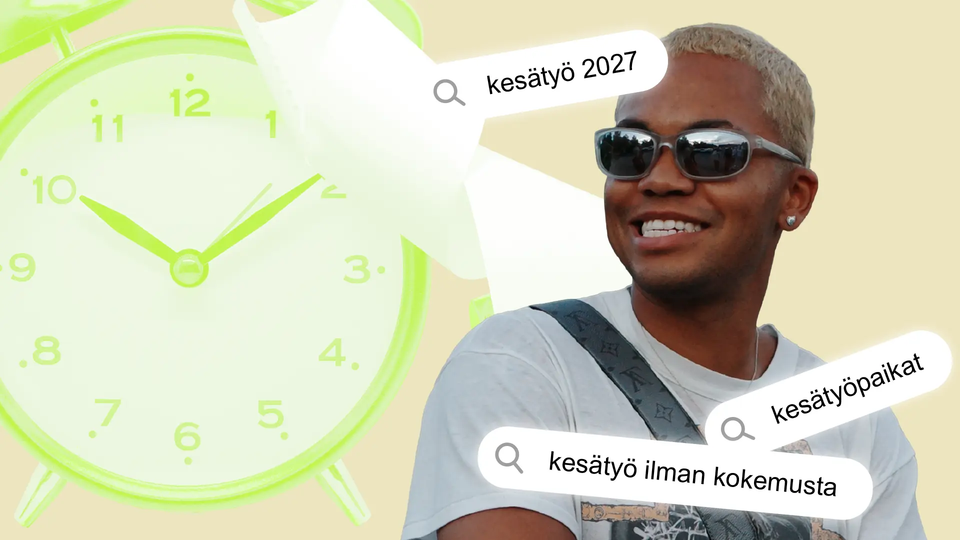Bakari Diarra hymyilee aurinkolasit päässä ja katsoo vasemmalle. Pyöristettyjä palkkeja, joissa suurennuslasikuva ja tekstit: kesätyö 2027, kesätyöpaikat ja kesätyö ilman työkokemusta.